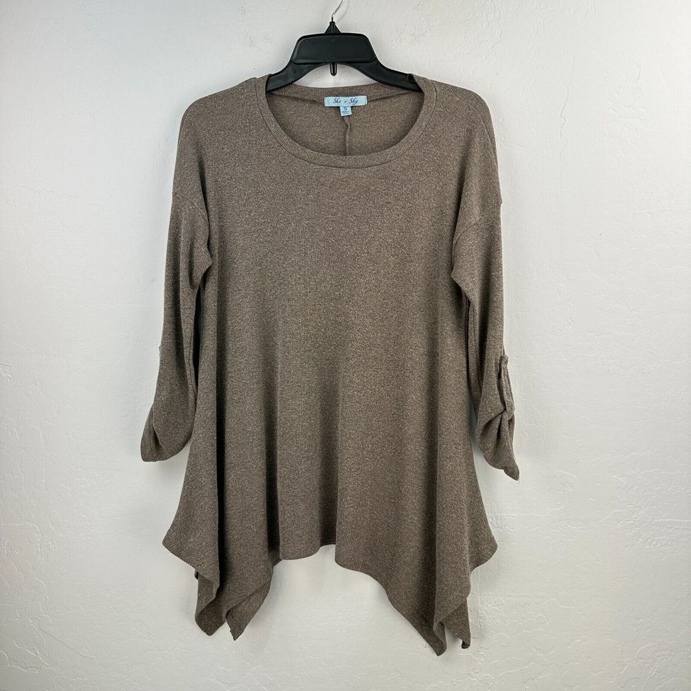 She + Sky Tunic‎ Top Womens Small Brown Roll Tab Sleeve Asymmetrical Blouse